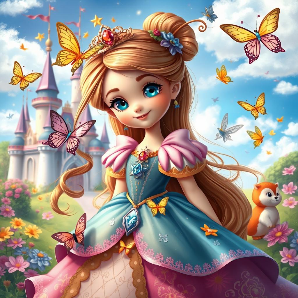 A whimsical portrayal of a royal character inspired by a princess theme, featuring a young girl with long flowing hair, wearing a colorful and beautifully detailed gown adorned with butterflies and stars
