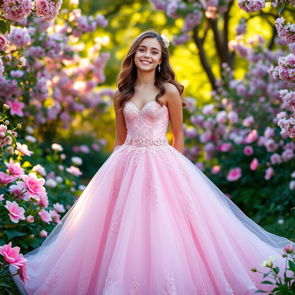 A stunning 17-year-old girl wearing a beautifully designed pink ball gown that flows elegantly to the floor