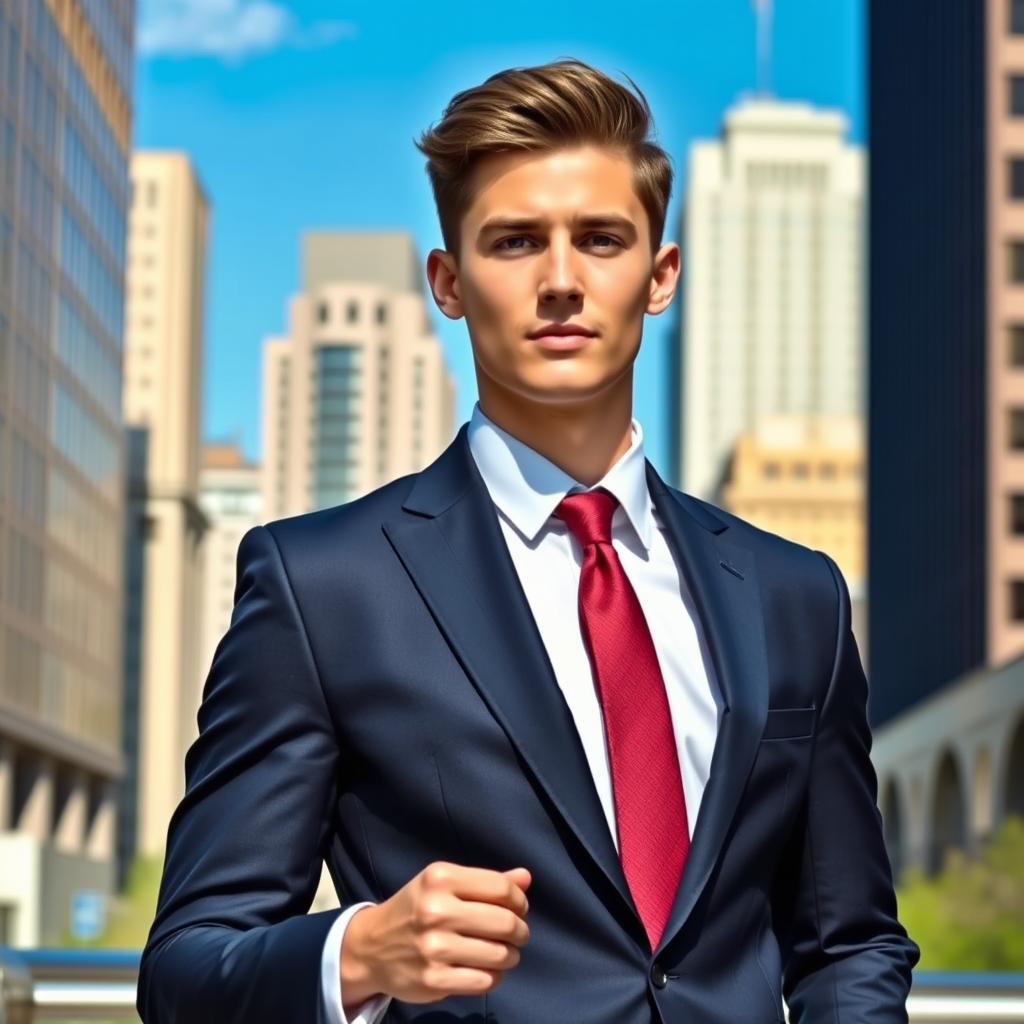 A stylish 20-year-old man wearing a sharp, tailored suit, standing confidently