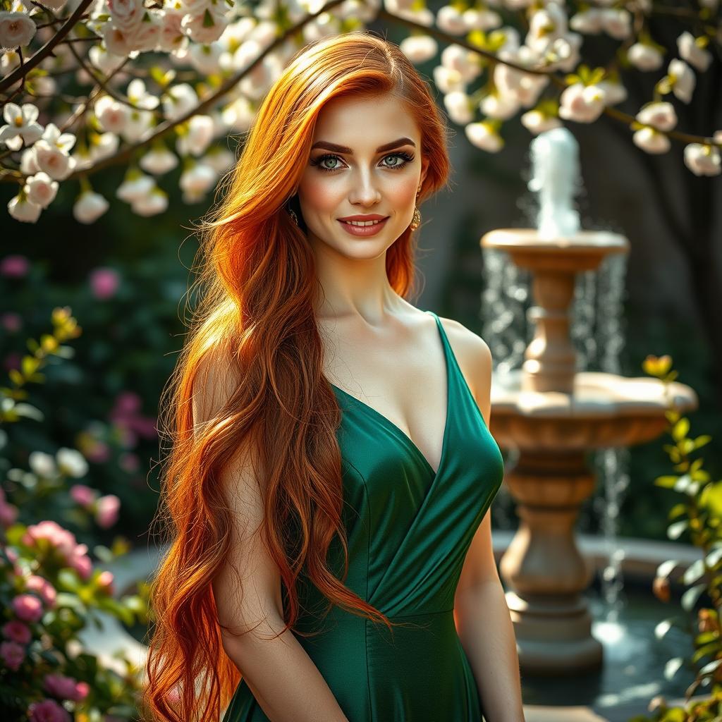 A stunning portrait of a beautiful woman with long, flowing red hair, dressed in an elegant, shimmering emerald green gown