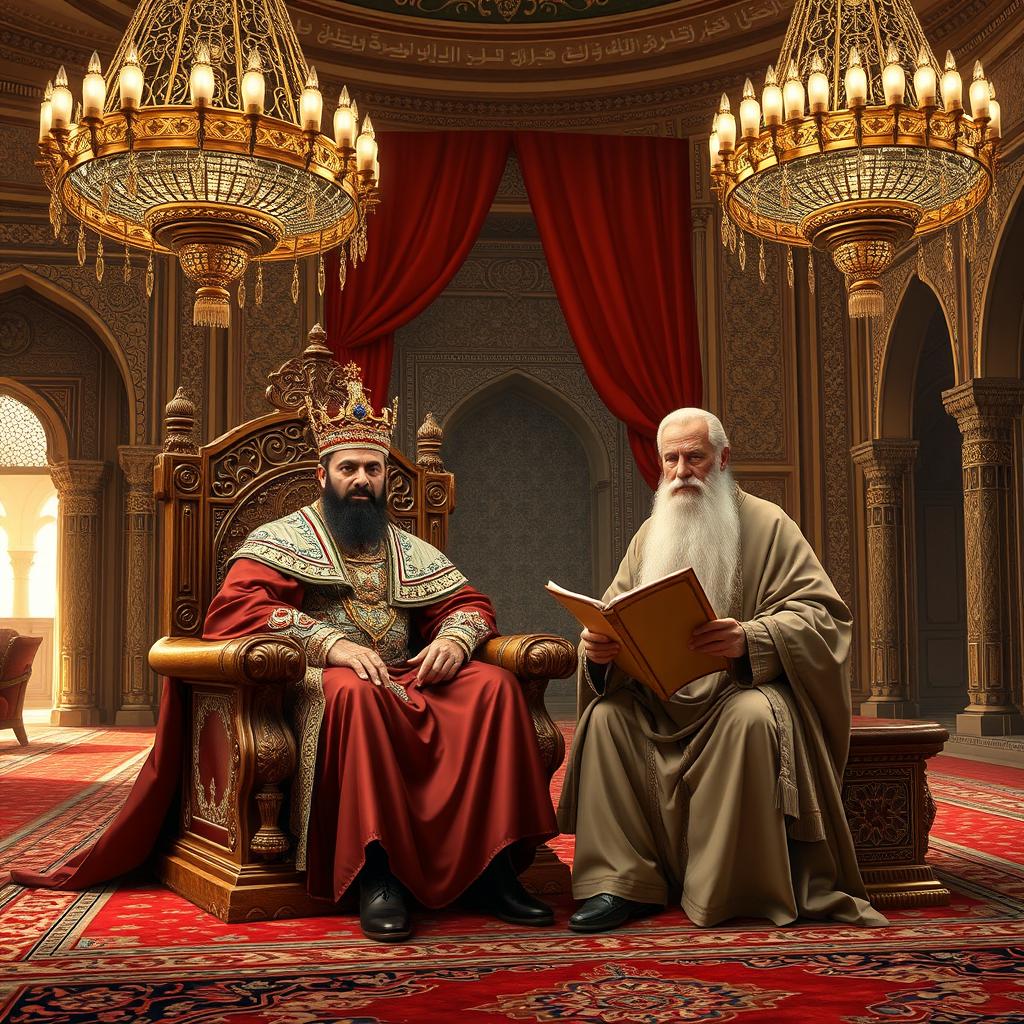 In the grand Palace of the Shah of Khwarazmshahi, during the 4th century AH, Taksh Khan, a regal figure with a dignified presence, is seated on an ornate throne made of intricately carved wood, surrounded by lavish silk drapes and ornate Persian rugs