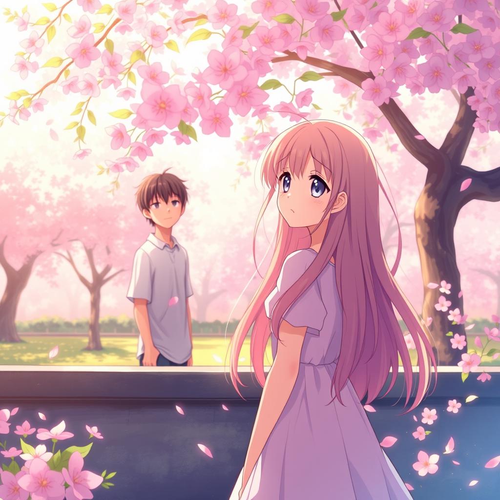 An anime-style illustration of a girl gazing longingly at a guy from a distance