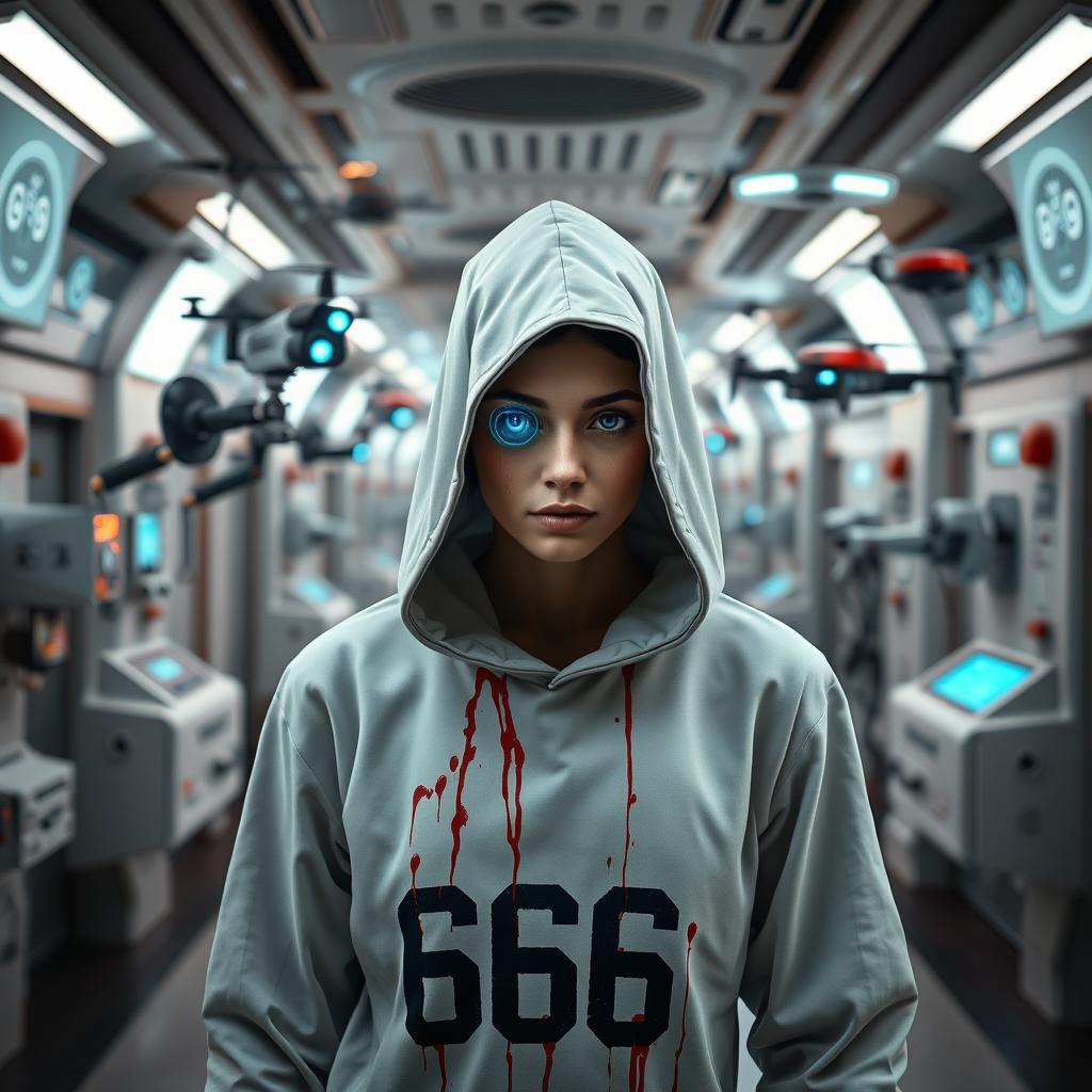 A futuristic sanatorium corridor featuring a patient wearing a hooded uniform marked with the number 666, stained with blood