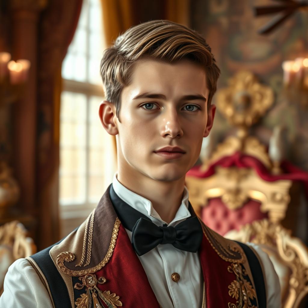 A portrait of a young man resembling a 17-year-old prince, showcasing elegant attire typically associated with royalty
