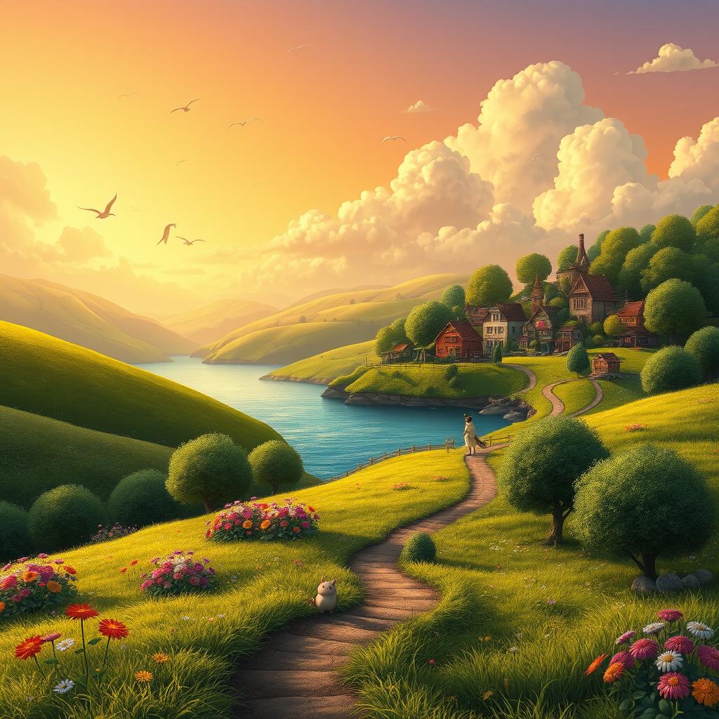 A fantastical landscape inspired by Studio Ghibli, featuring lush green hills, vibrant flowers, a serene lake with soft rippling water, and a whimsical village in the background with cozy, charming cottages and colorful rooftops