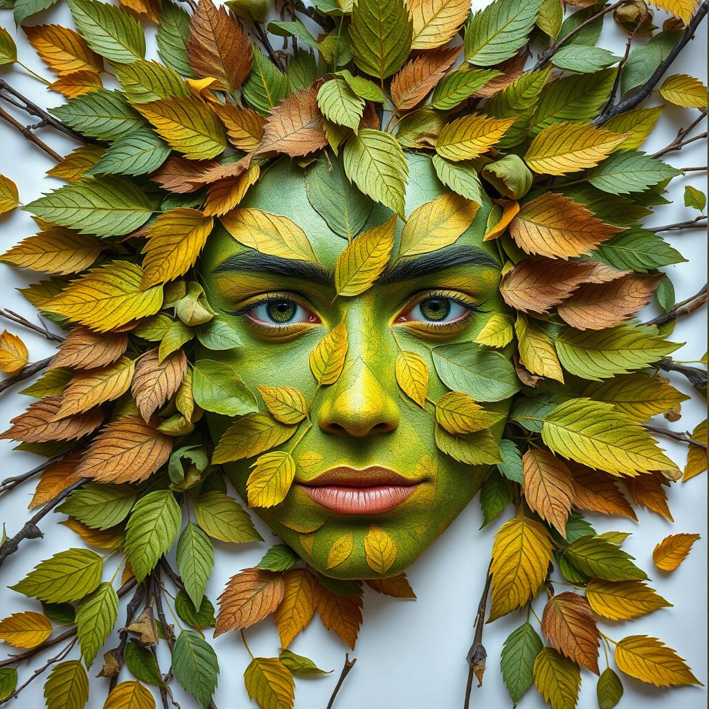 A deconstructive art piece showcasing a striking face created with an imaginative twist, where vibrant green and browning leaves are used as intricate paintbrushes