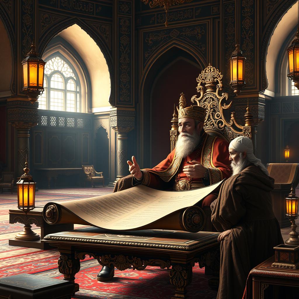 In the majestic Palace of the Shah of Khwarazmshahi during the 4th century AH, Taksh Khan, a dignified ruler adorned in regal attire, commands the attention of the room as he issues a decree to Ibn A'tham al-Kufi, the venerable old poet and historian