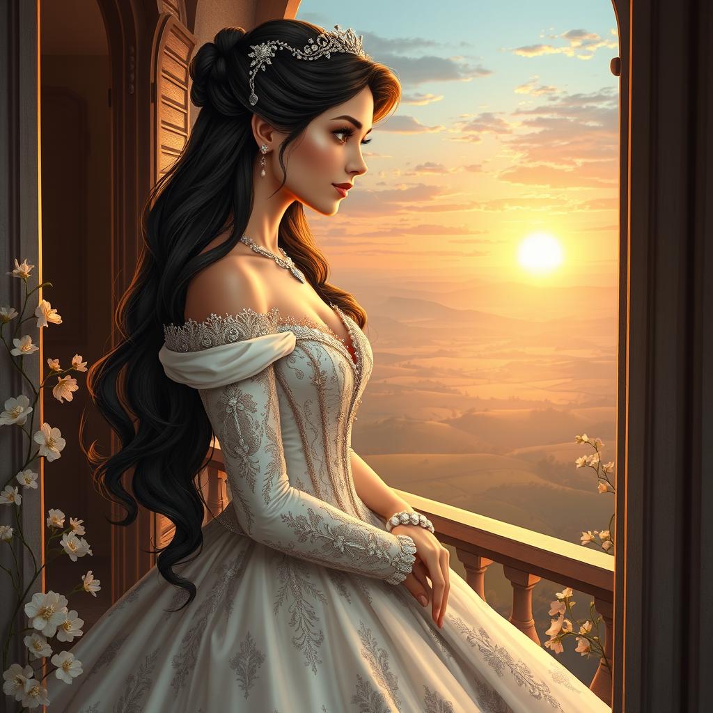 A regal and elegant portrait of a fictional princess in a beautiful, luxurious gown, inspired by royal fashion