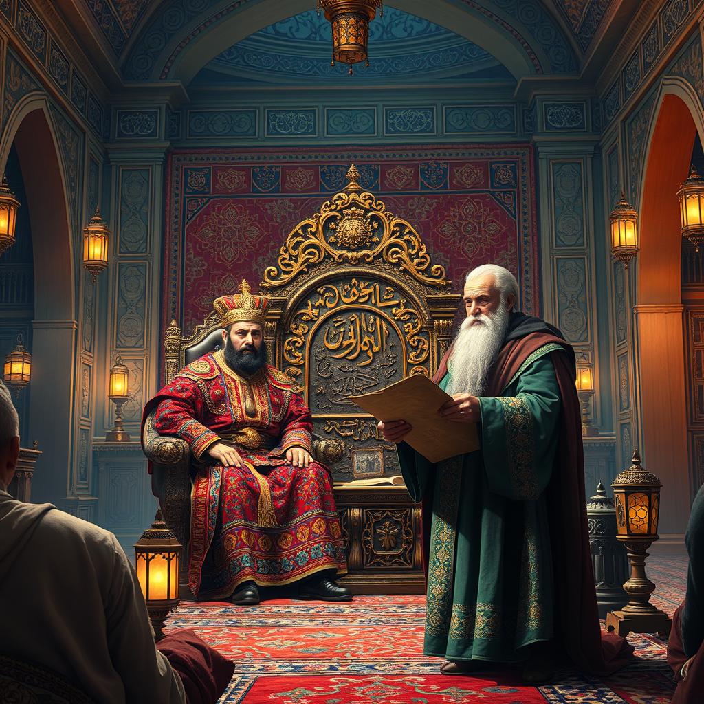 Inside the opulent Palace of the Shah of Khwarazmshahi, during the 4th century AH, Taksh Khan, a robust ruler adorned in rich, colorful royal garments, commands the gathering with an air of authority