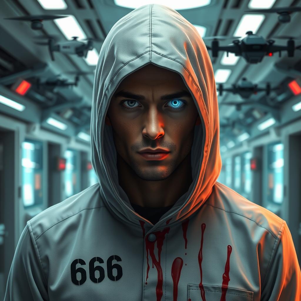 A realistic image of a male patient in a futuristic sanatorium