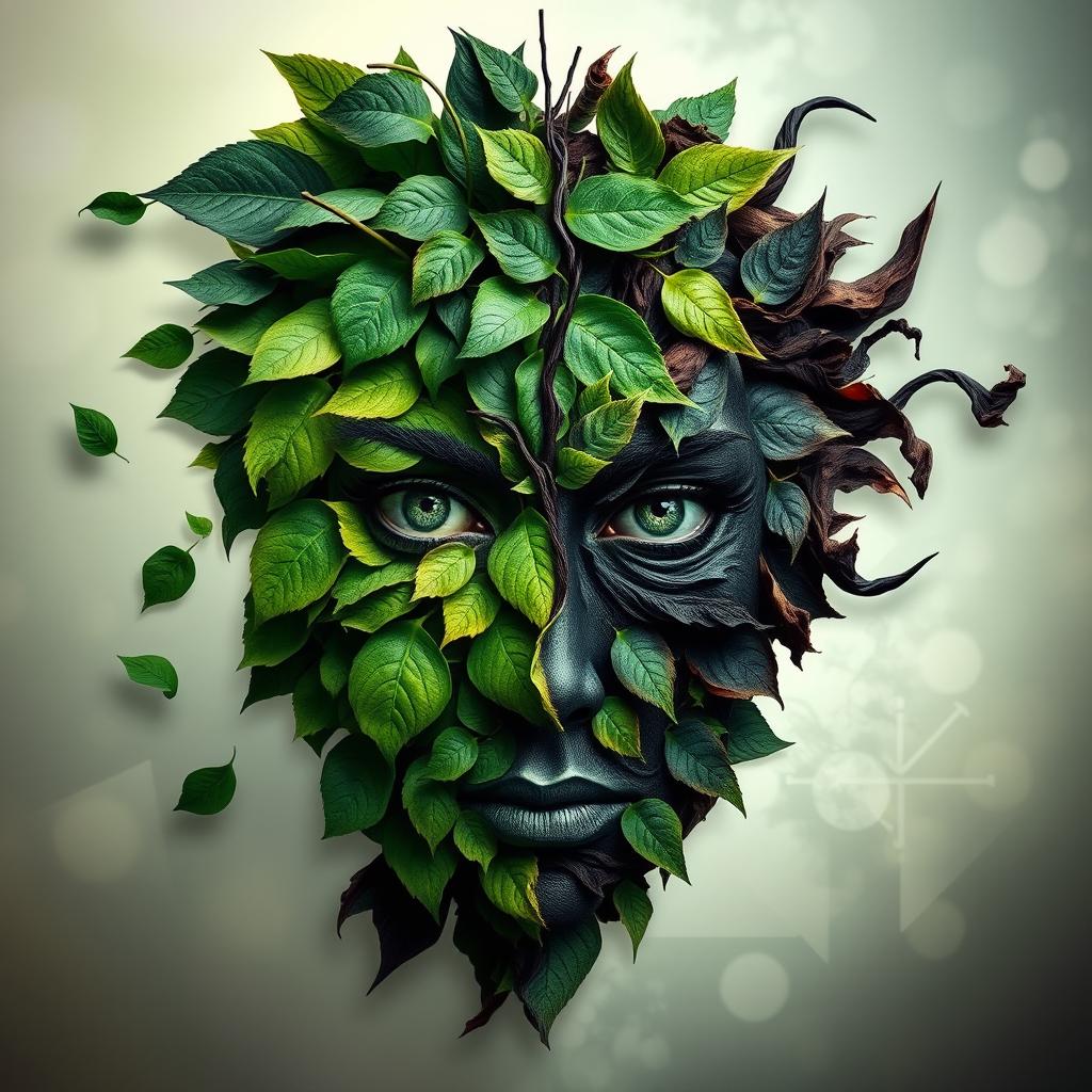 A deconstructive art piece featuring a face made up of vibrant green leaves on one half, representing good, and dark, wilted leaves on the other half, symbolizing evil