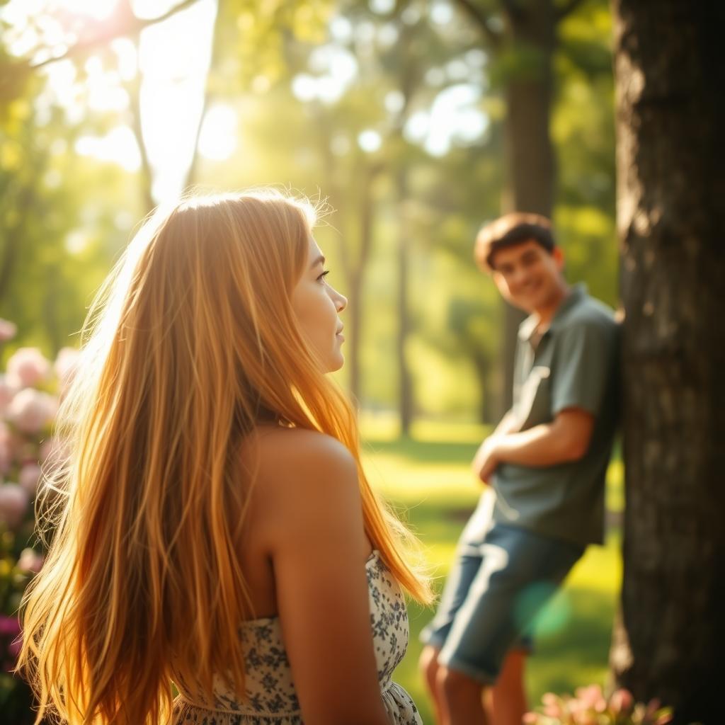 A girl gazing at a guy from a distance, with a dreamy expression on her face