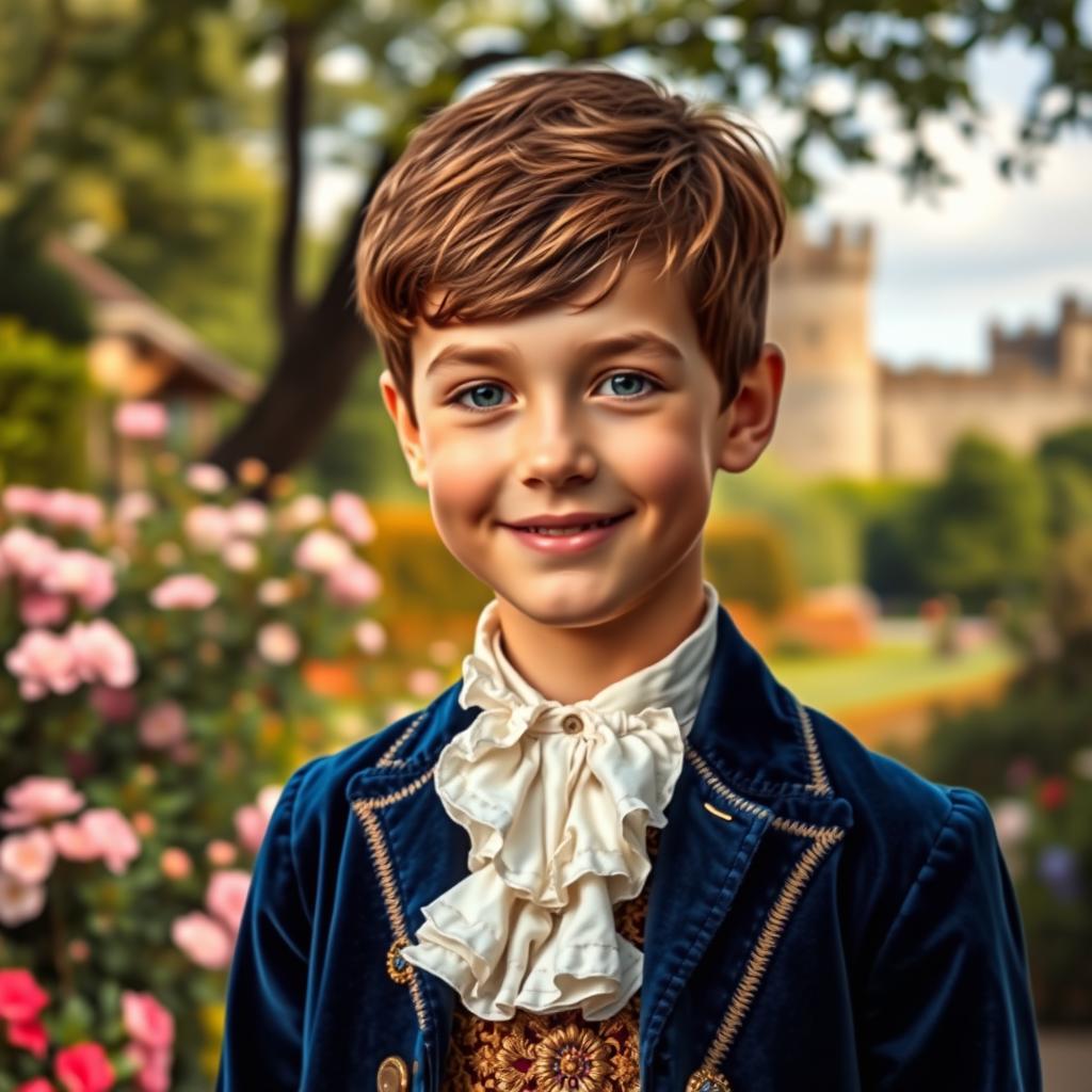 A scenic portrait of a young noble boy, age 12, inspired by the persona of Prince Louis of Wales