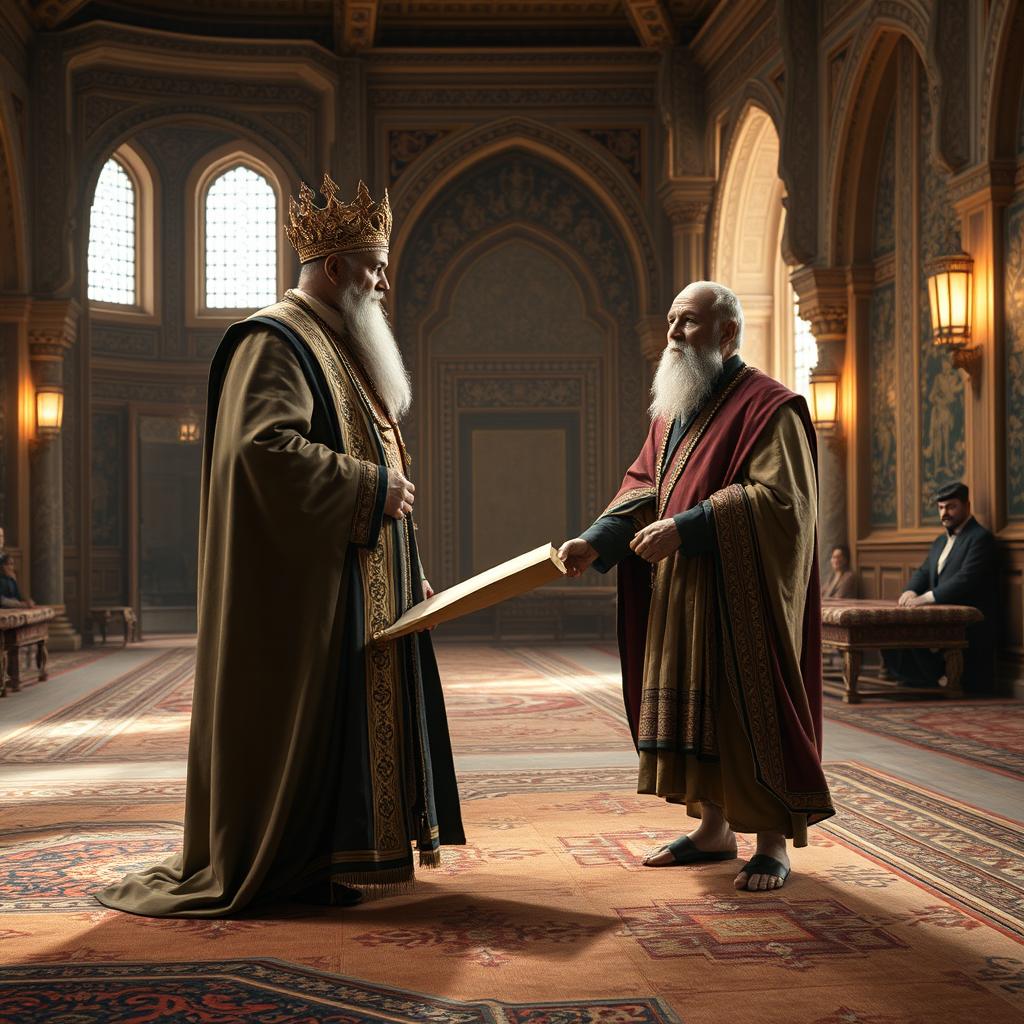 Inside the opulent Palace of Shah Khwarazmshahi, set in the 4th century AH, Taksh Khan, a commanding figure dressed in resplendent Persian royal attire, issues a decisive order to an old Iranian poet and historian