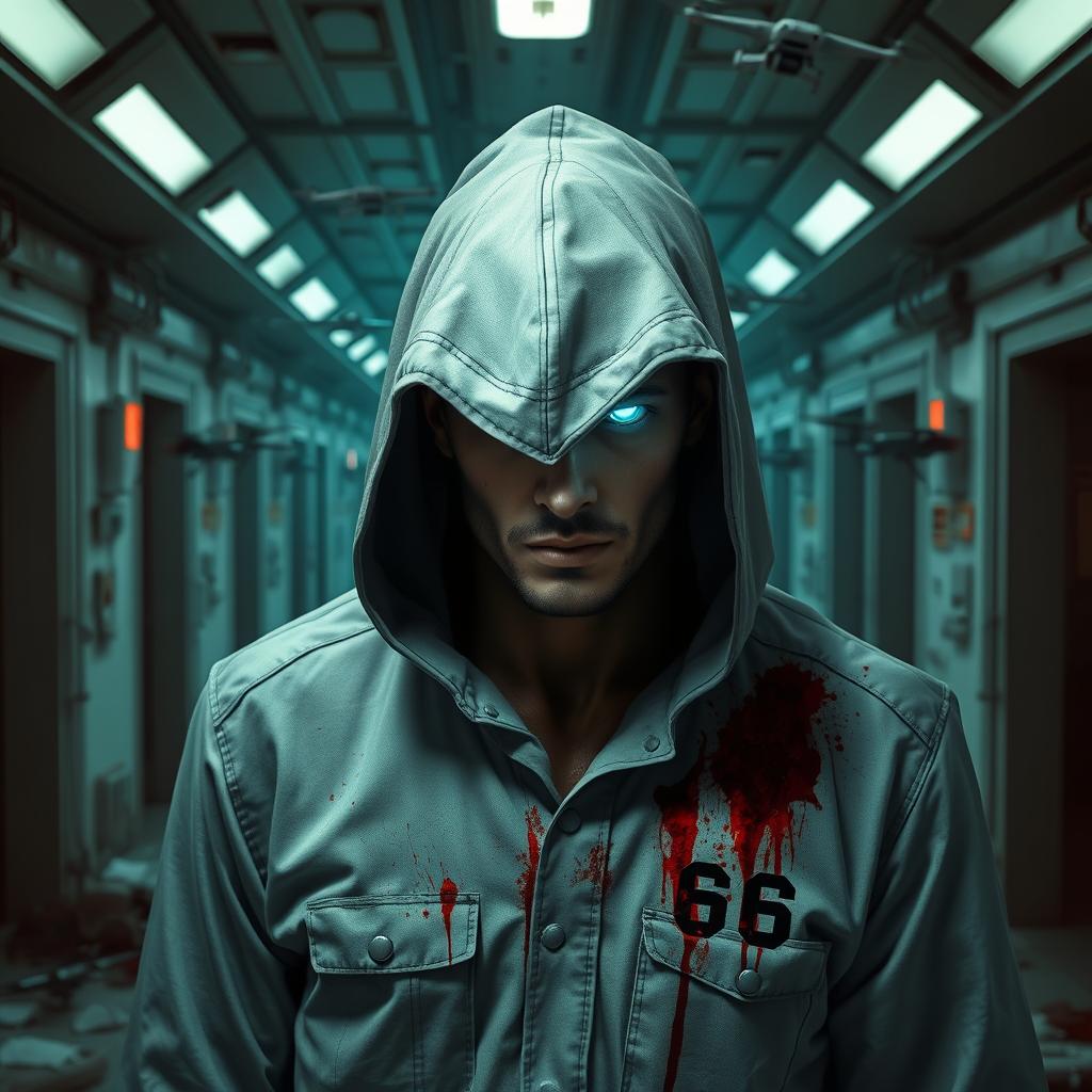A realistic image of a male patient in a destroyed futuristic sanatorium
