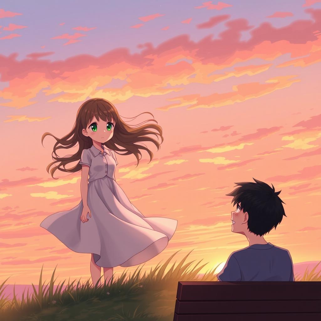An anime-style illustration of a girl with striking green eyes and long, wavy brown hair gazing at a guy from a distance