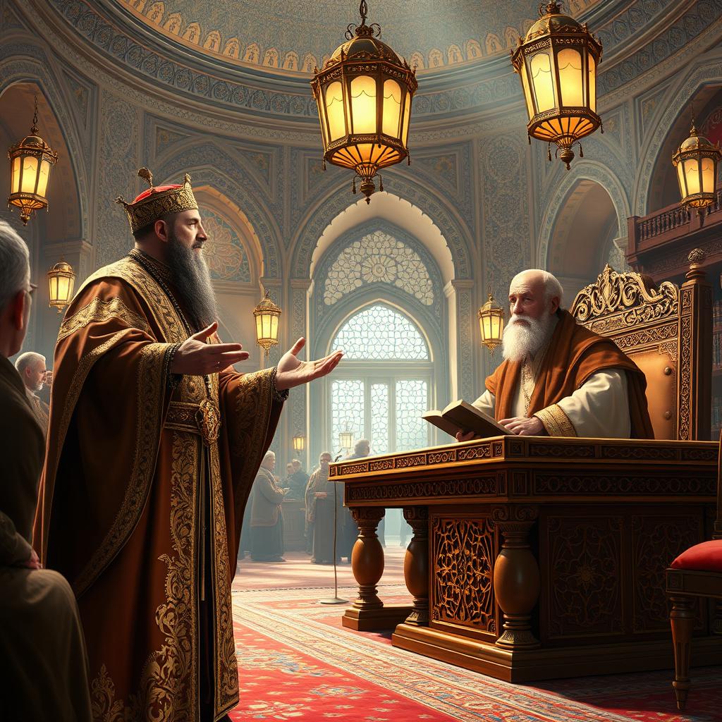 Inside the lavish Palace of Shah Khwarazmshahi in the 4th century AH, Taksh Khan, a powerful and imposing figure, commands the attention of an assembly with a royal presence