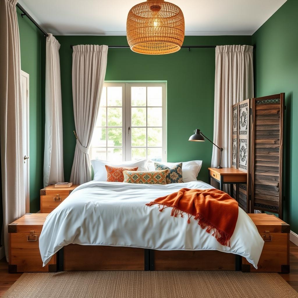 A beautifully styled medium-sized boho-inspired bedroom featuring a queen-sized bed positioned against a government green wall
