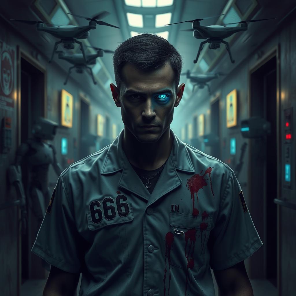 A realistic image of a male patient in a destroyed futuristic sanatorium