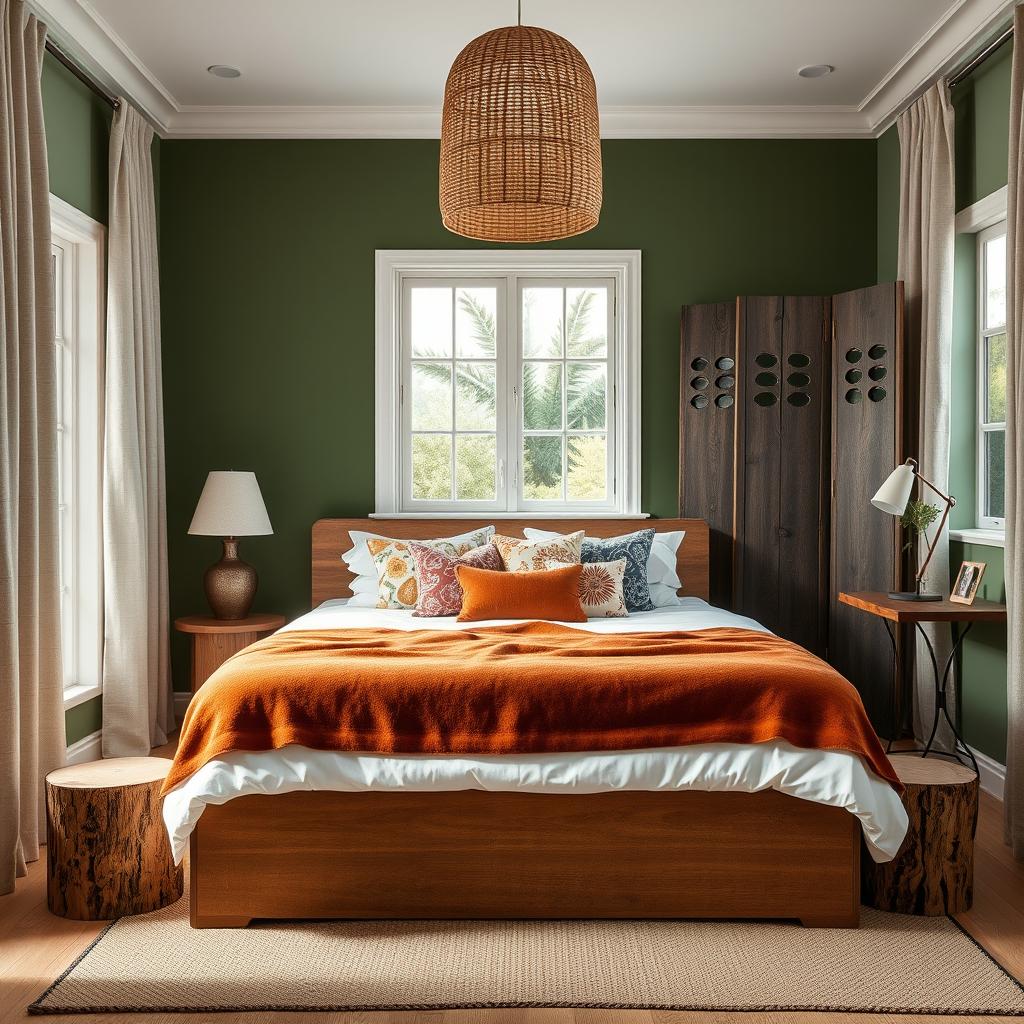 A beautifully styled medium-sized boho-inspired bedroom featuring a queen-sized bed positioned against a government green wall