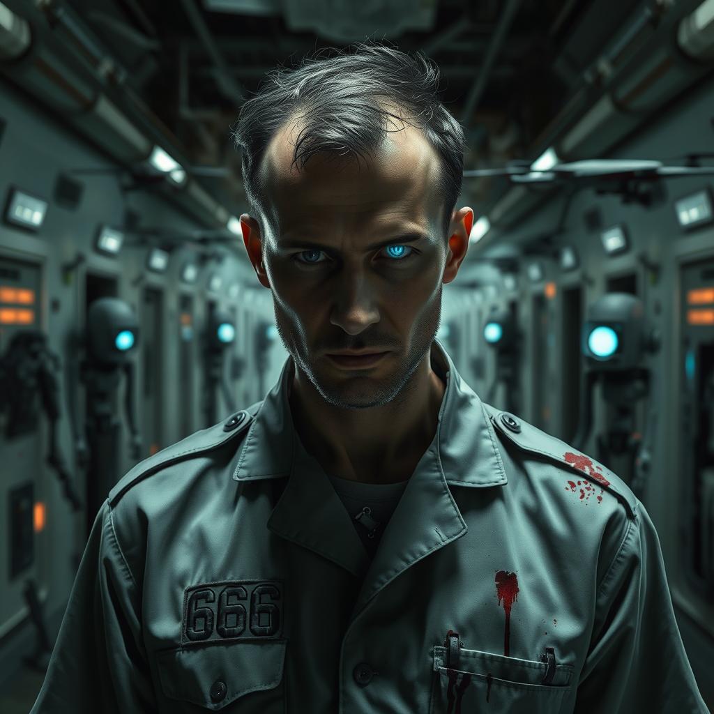 A realistic image of a male patient in a destroyed futuristic sanatorium
