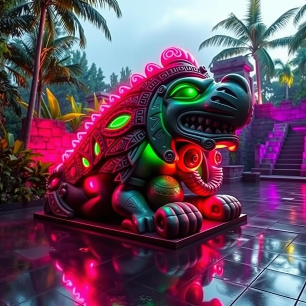 A stunning sculpture inspired by Mayan and Aztec culture, intricately designed with traditional motifs and symbols