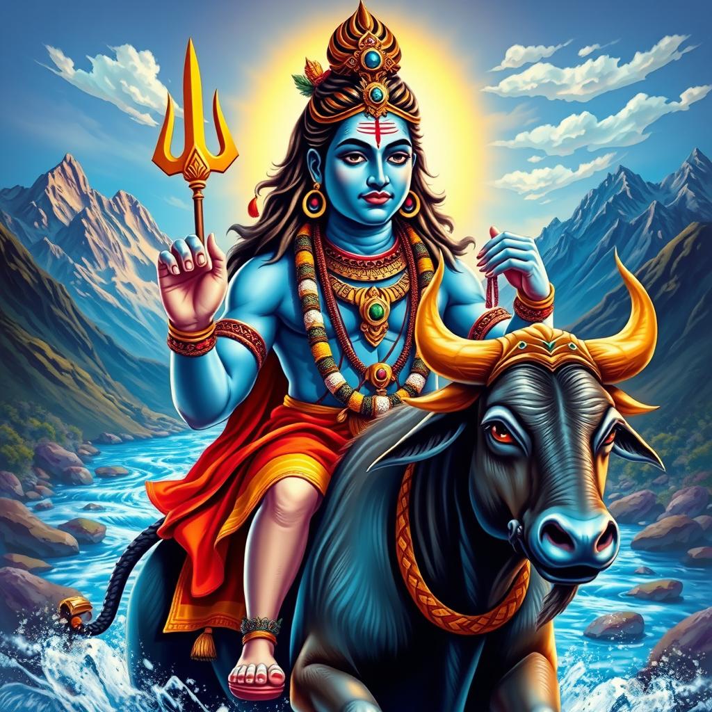 A vibrant and dynamic depiction of Lord Shiva in his aspect as Shivshambho, adorned with traditional Hindu ornaments, including a snake wrapped around his neck, riding the mythical bull Nandi