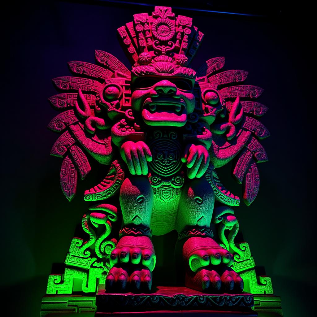 A stunning Mexican sculpture inspired by Mayan and Aztec culture, intricately designed with rich details reflecting ancient motifs and symbols