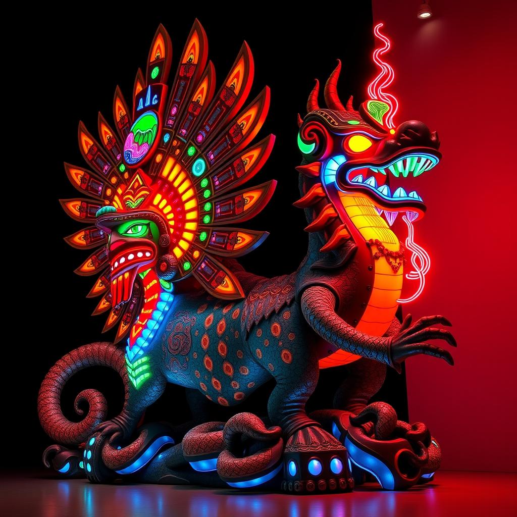 A stunning Mexican sculpture that embodies the gods Quetzalcoatl and Tlaloc, featuring original and intricate designs