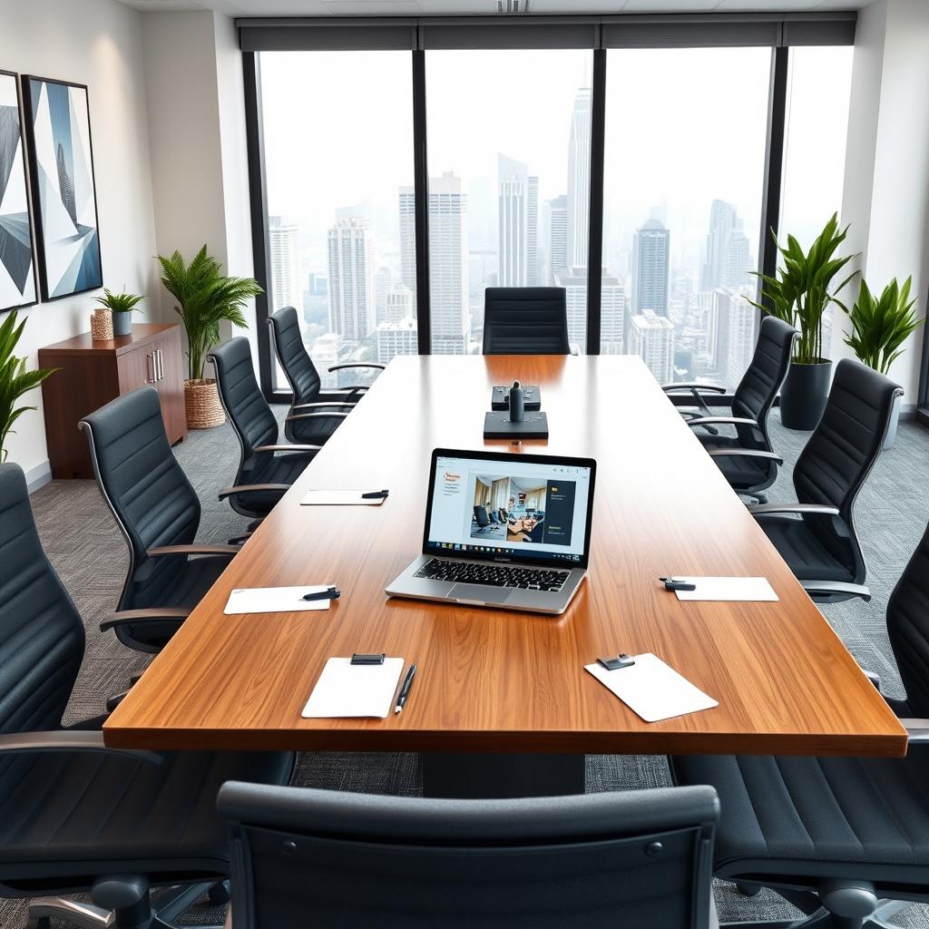 A professional office environment with a sleek wooden conference table surrounded by modern ergonomic chairs
