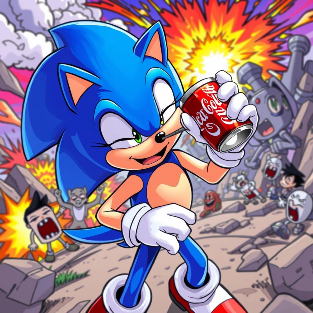 A vibrant and dynamic scene depicting Sonic the Hedgehog drinking a can of Coca-Cola, with an exhilarating expression of enjoyment on his face