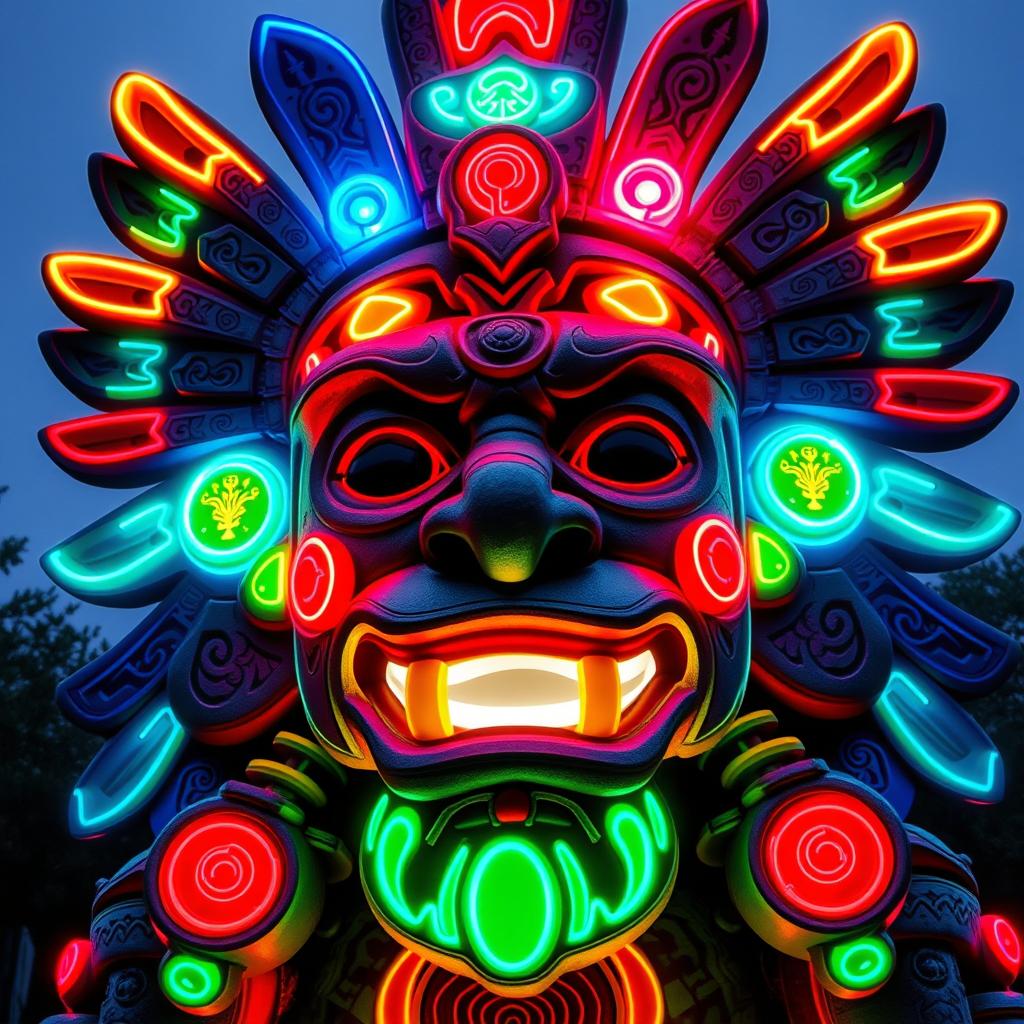 A vibrant sculpture inspired by the ancient Aztec god Tlaloc, featuring intricate designs that represent water, rain, and fertility motifs