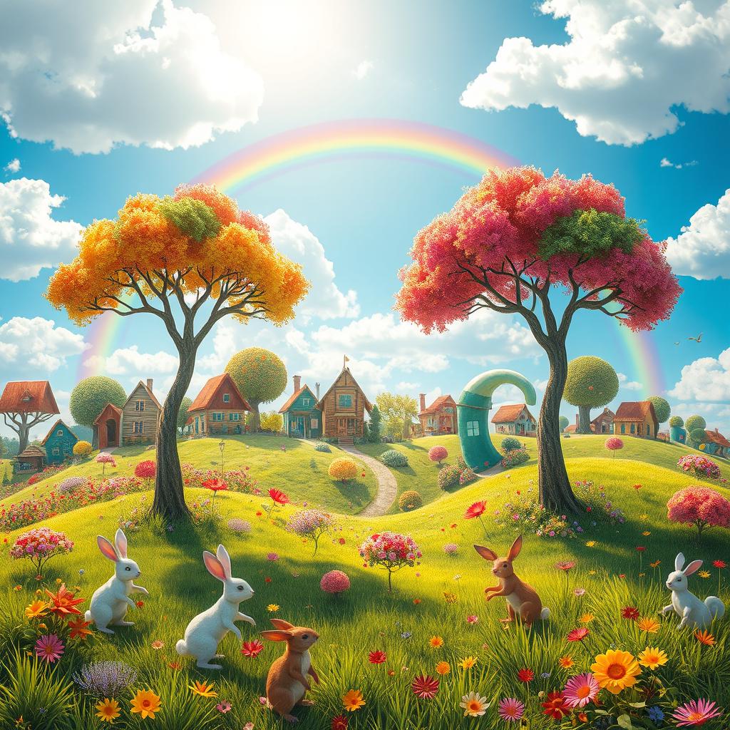 A vibrant and whimsical world inspired by the concept of 'Dandy's world', featuring fantastical landscapes filled with colorful flora and fauna