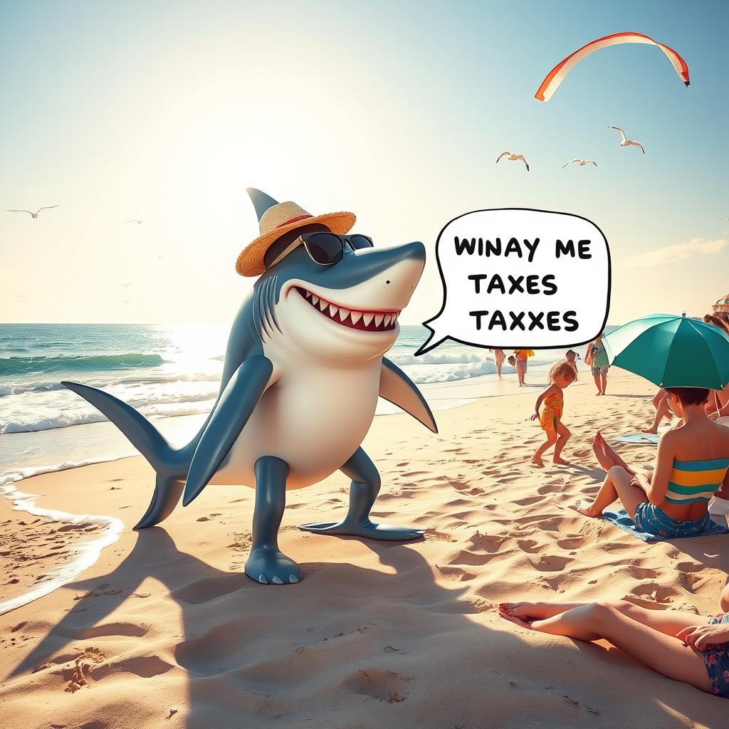 A whimsical shark with human legs standing on a beach, engaging in a humorous conversation about paying taxes