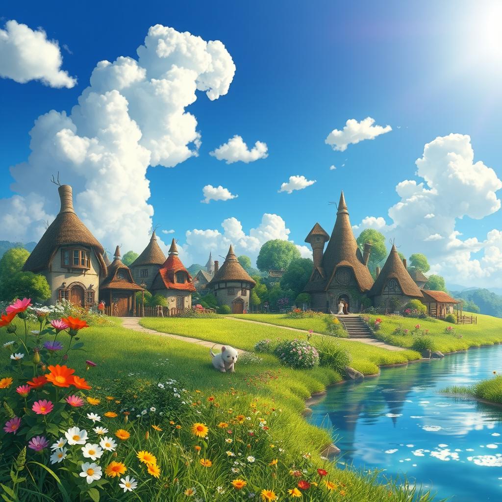 A dreamy landscape featuring a whimsical village with spirited architecture reminiscent of Studio Ghibli films