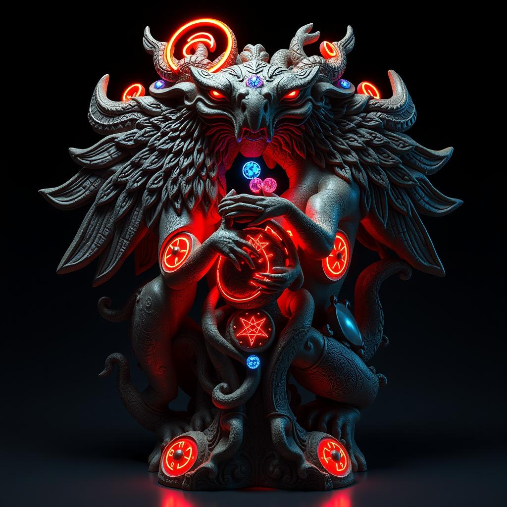 A striking sculpture inspired by Anunnaki culture, featuring intricate carvings and symbols that represent fertility and love
