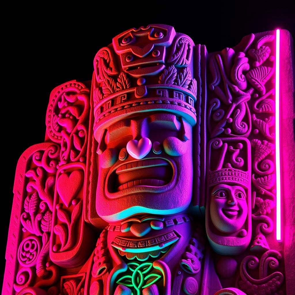 A sculpture inspired by Mayan culture, featuring intricate carvings and symbols associated with fertility and love, such as depictions of lush vegetation, hearts, and faces that express joy