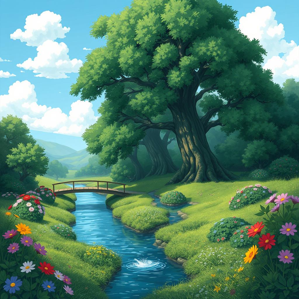 A whimsical forest scene inspired by Studio Ghibli, featuring a serene river flowing through lush greenery