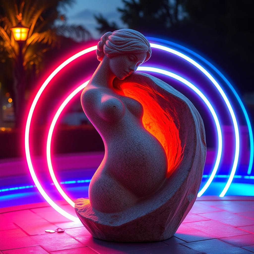 An exquisite sculpture made from beautifully textured stone, representing the female body in a graceful and artistic form