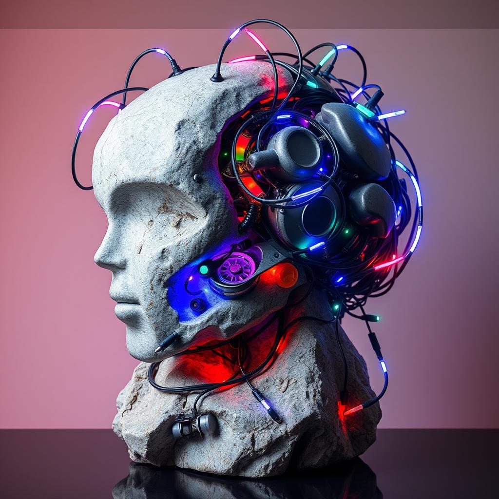 A stunning sculpture merging natural stone and intricate robot parts, featuring a harmonious blend of organic and mechanical elements