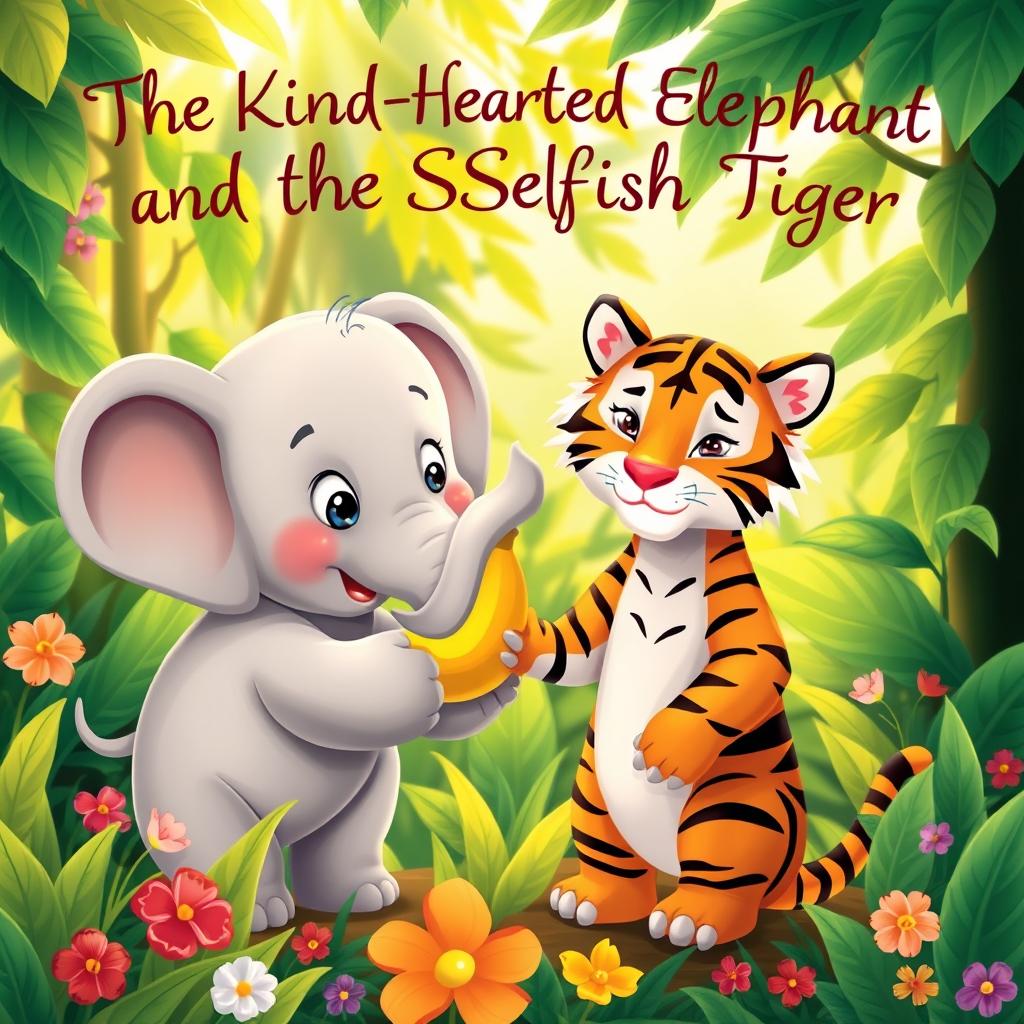 A heartwarming scene featuring a kind-hearted elephant and a selfish tiger