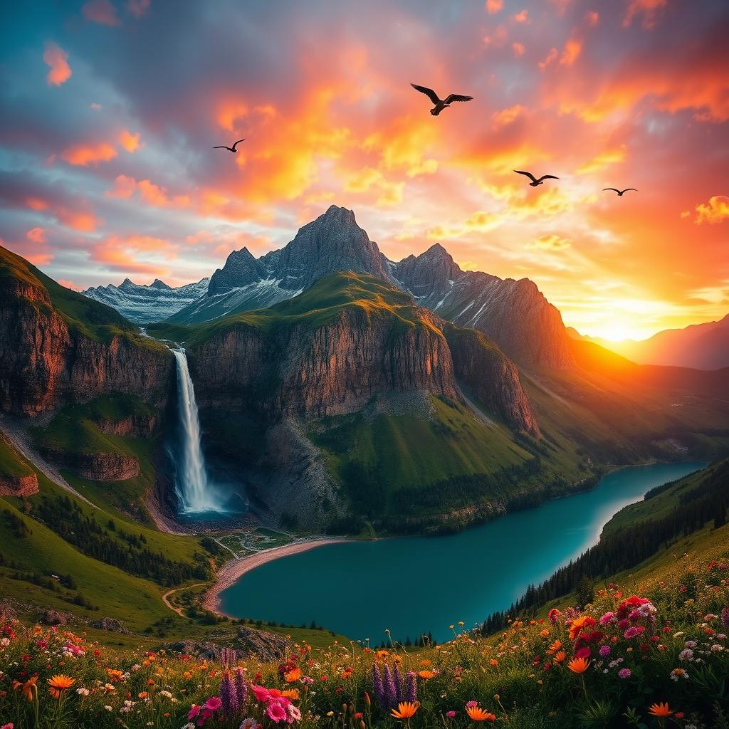 A dramatic and visually stunning wide shot of a vast mountain landscape at sunset, the sky ablaze with vibrant oranges and pinks, with a foreground of a lush green valley dotted with colorful wildflowers