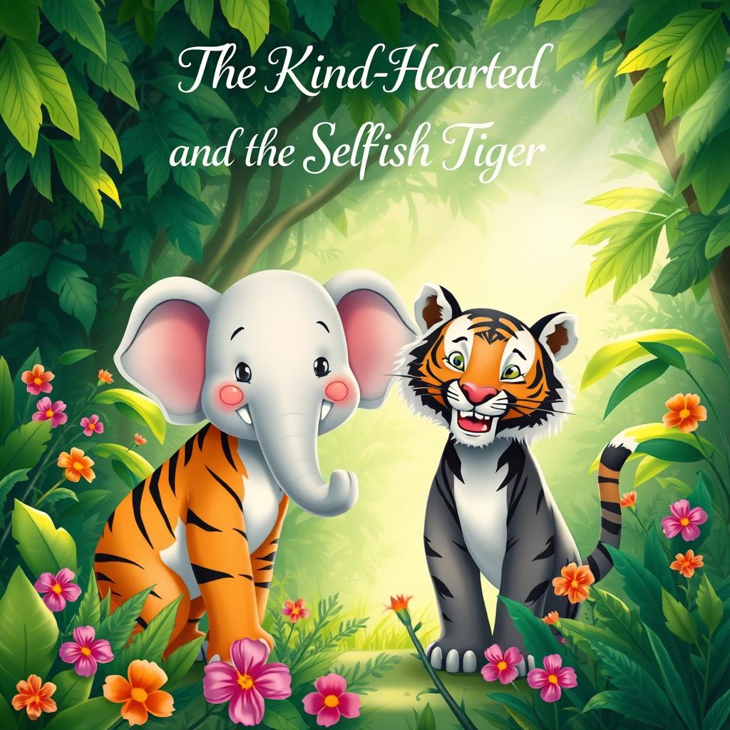 A heartwarming scene depicting a kind-hearted elephant standing beside a selfish tiger in a vibrant jungle setting
