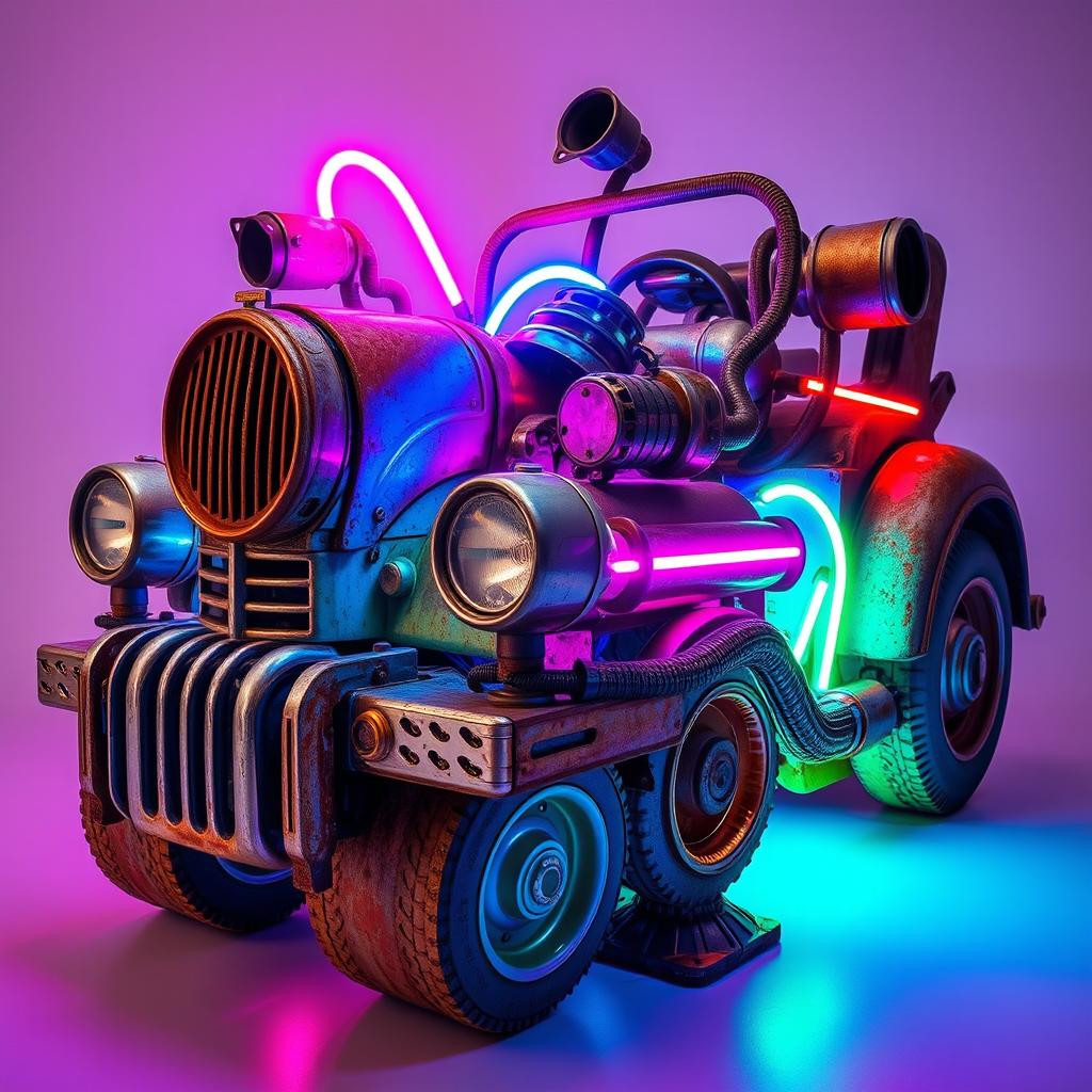An imaginative sculpture crafted from an array of old car parts, creatively assembled to form a striking artistic piece