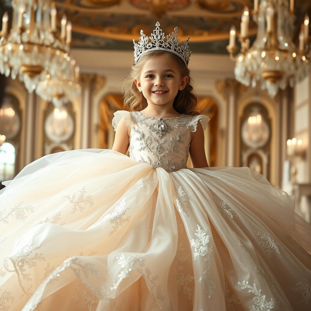 A young girl wearing an enormous ball gown that appears majestic and whimsical, with layers of shimmering fabric cascading around her