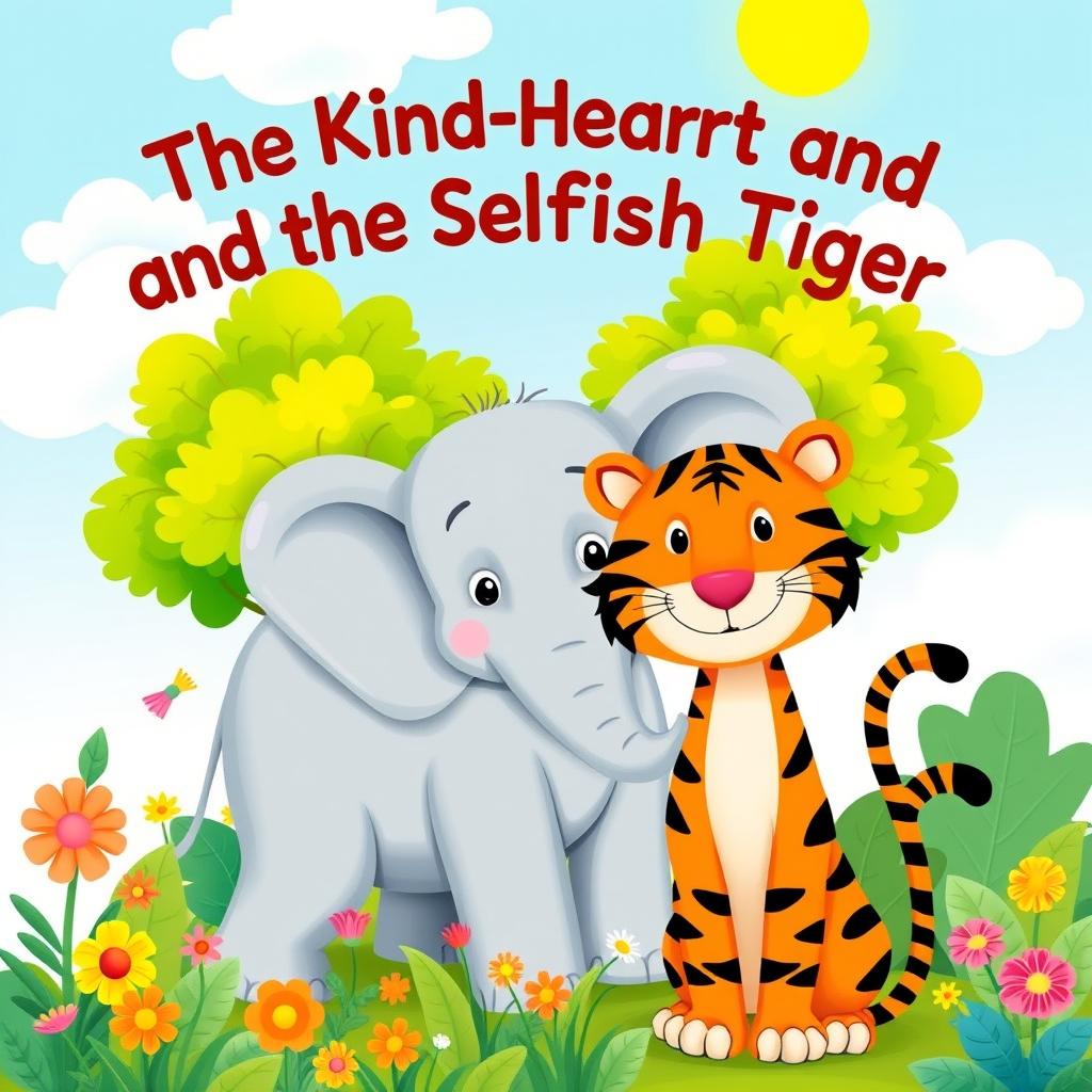 A delightful children's book illustration depicting a kind-hearted elephant and a selfish tiger