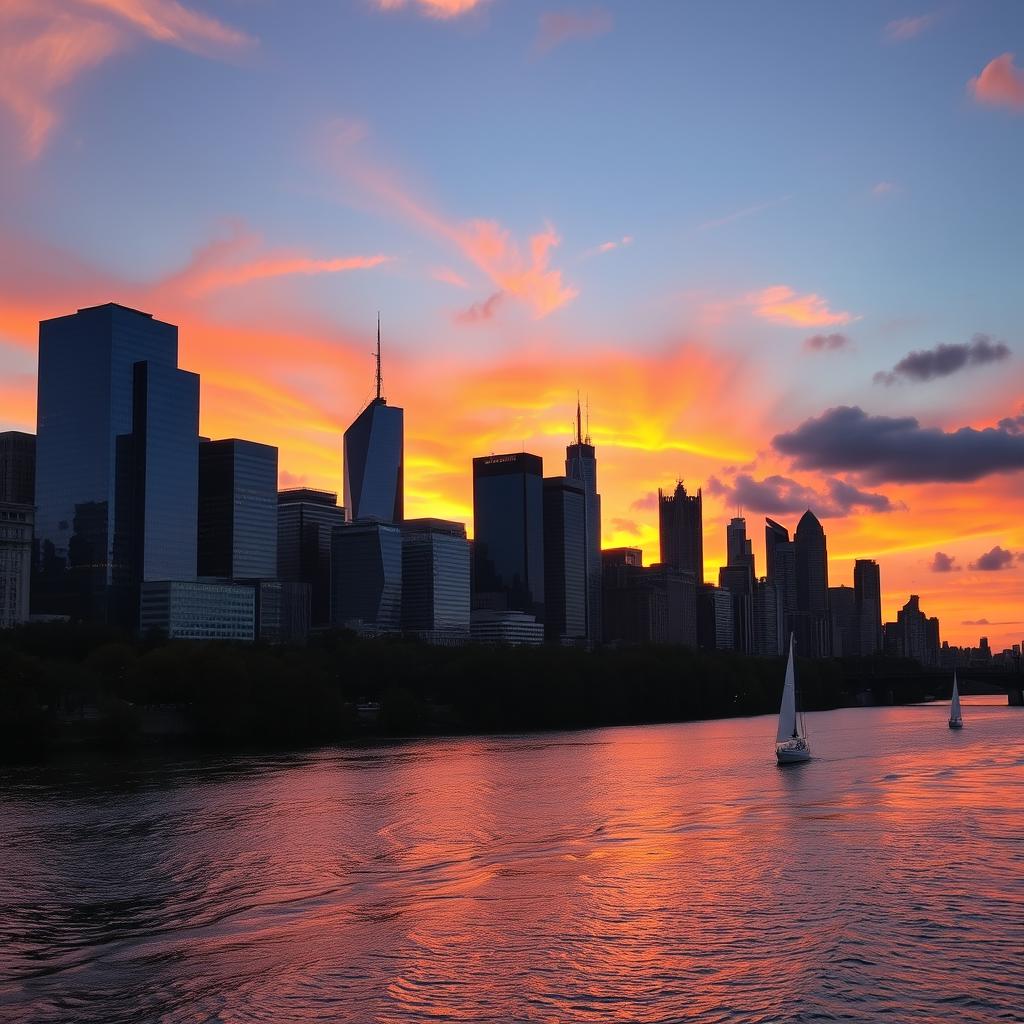 A vibrant city skyline at sunset, featuring a mix of modern skyscrapers with colorful reflections on the glass windows