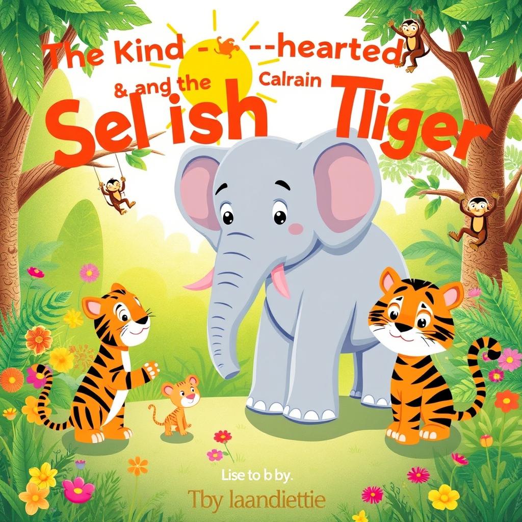 A heartwarming illustration depicting a kind-hearted elephant and a selfish tiger