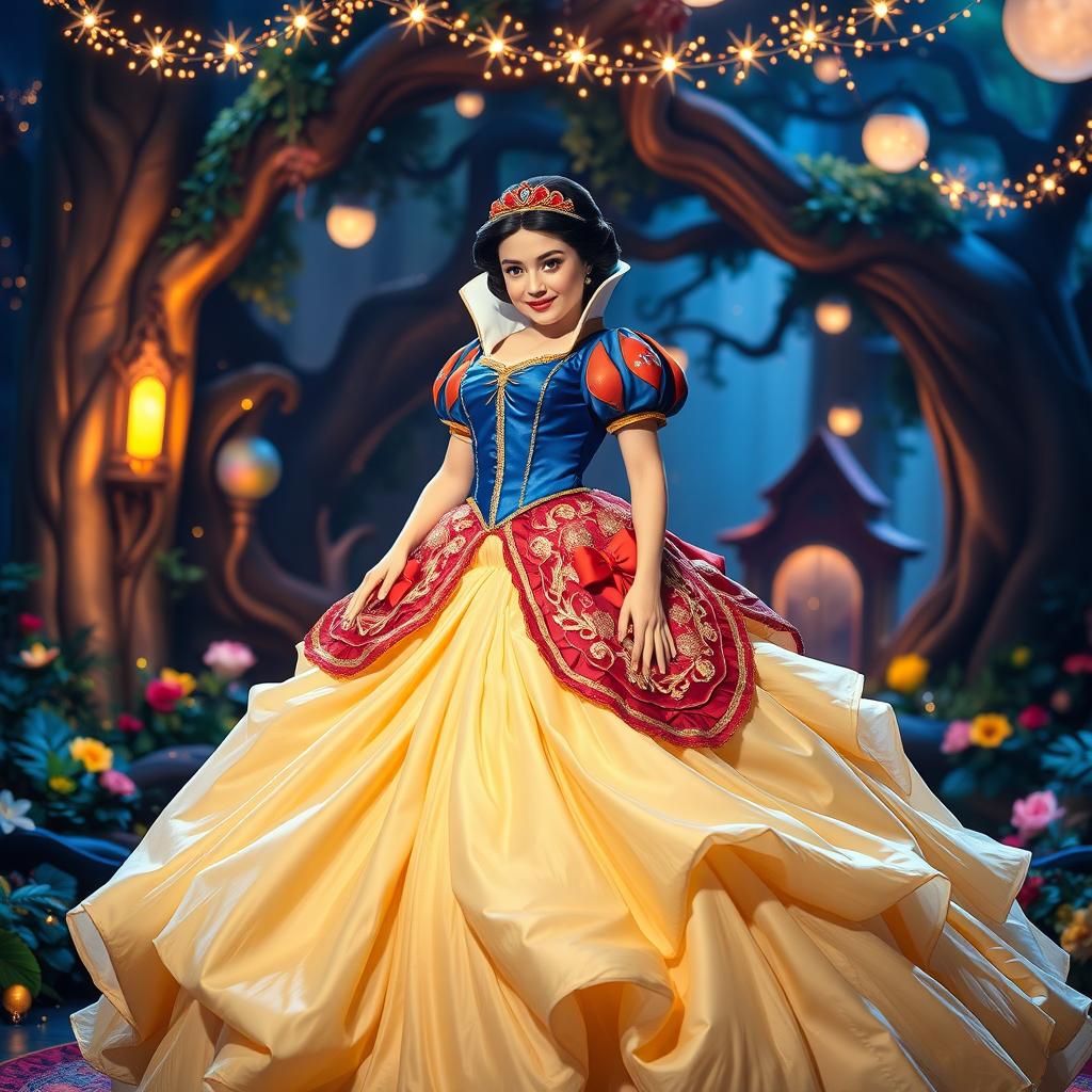 A stunning depiction of Disney princess Snow White adorned in the largest ball gown in the world