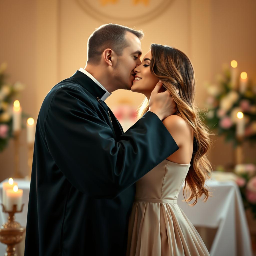 A beautiful, elegant scene featuring a priest in a traditional black cassock gently kissing a stunning and beautiful woman